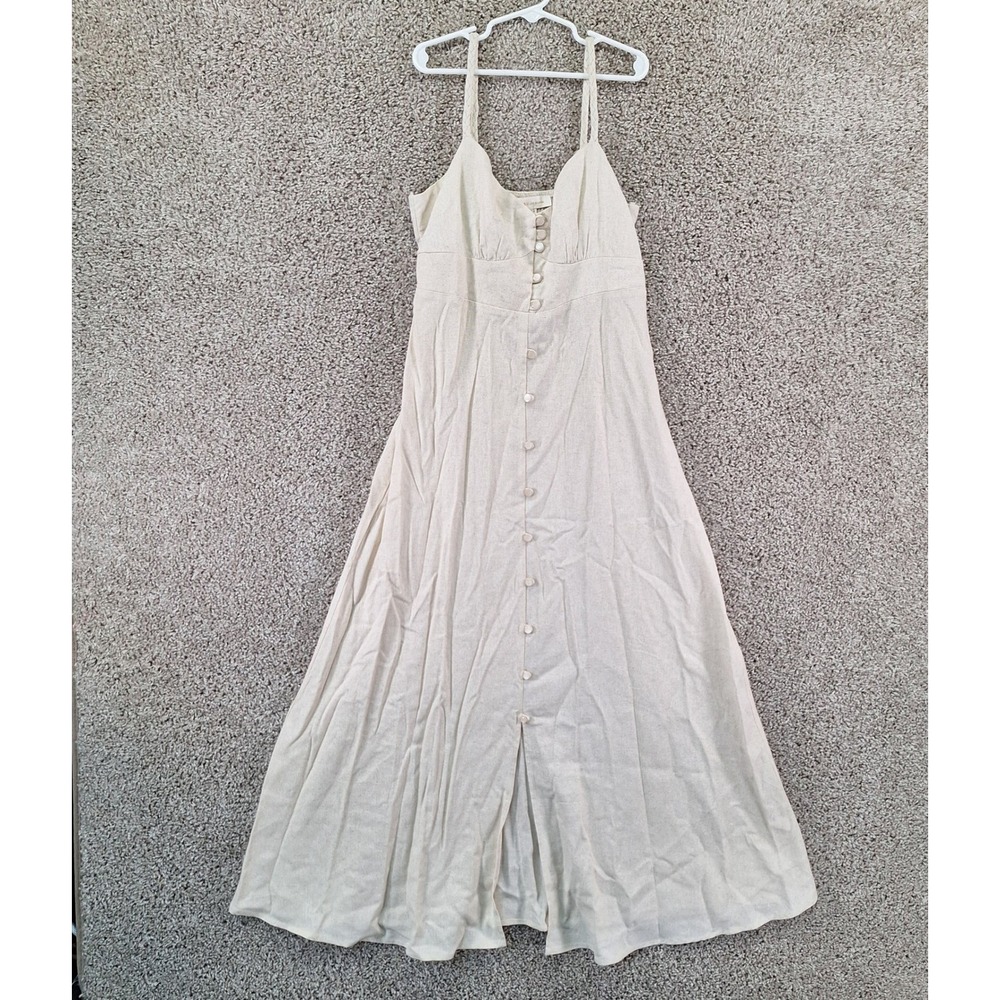 Monteau Maxi Dress Womens XS Beige Button Front Linen Blend Boho Coastal
